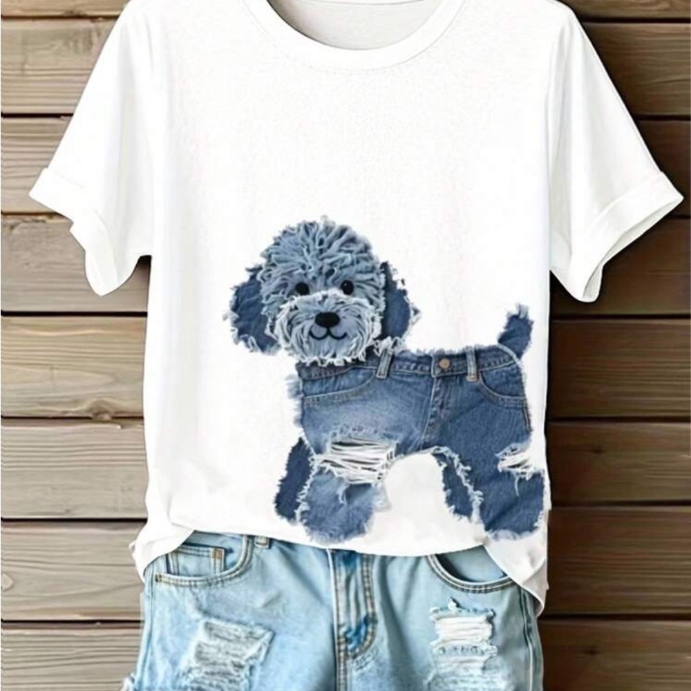 Tshirt Cute Dog & Denim print White T-shirt Size M